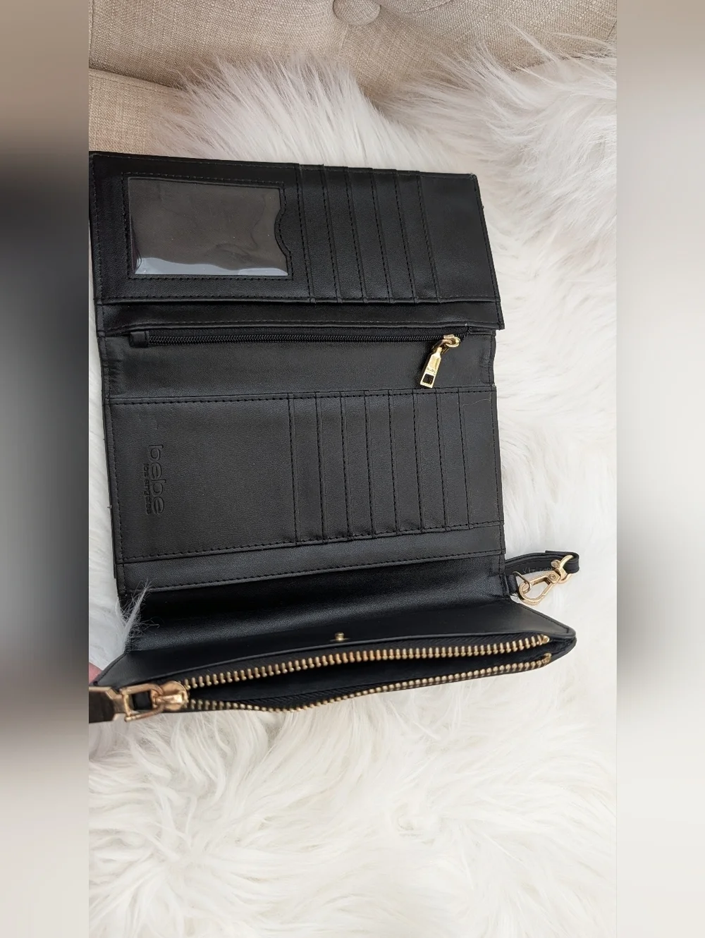 bebe Black Faux Leather Wristlet Wallet with Gold Plate